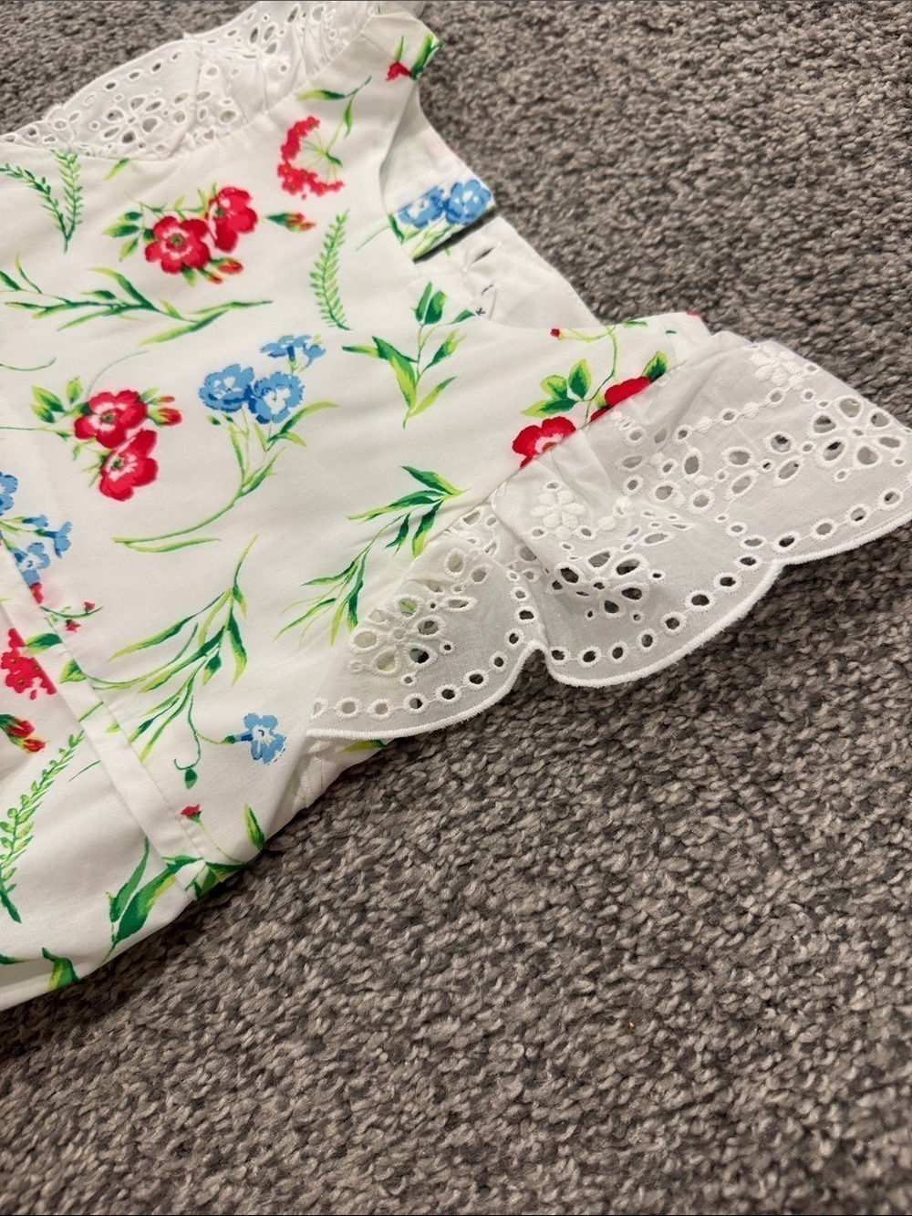 Janie and Jack White Floral Eyelet Sleeve Dress with Red and Blue Flowers - Picture 5 of 9